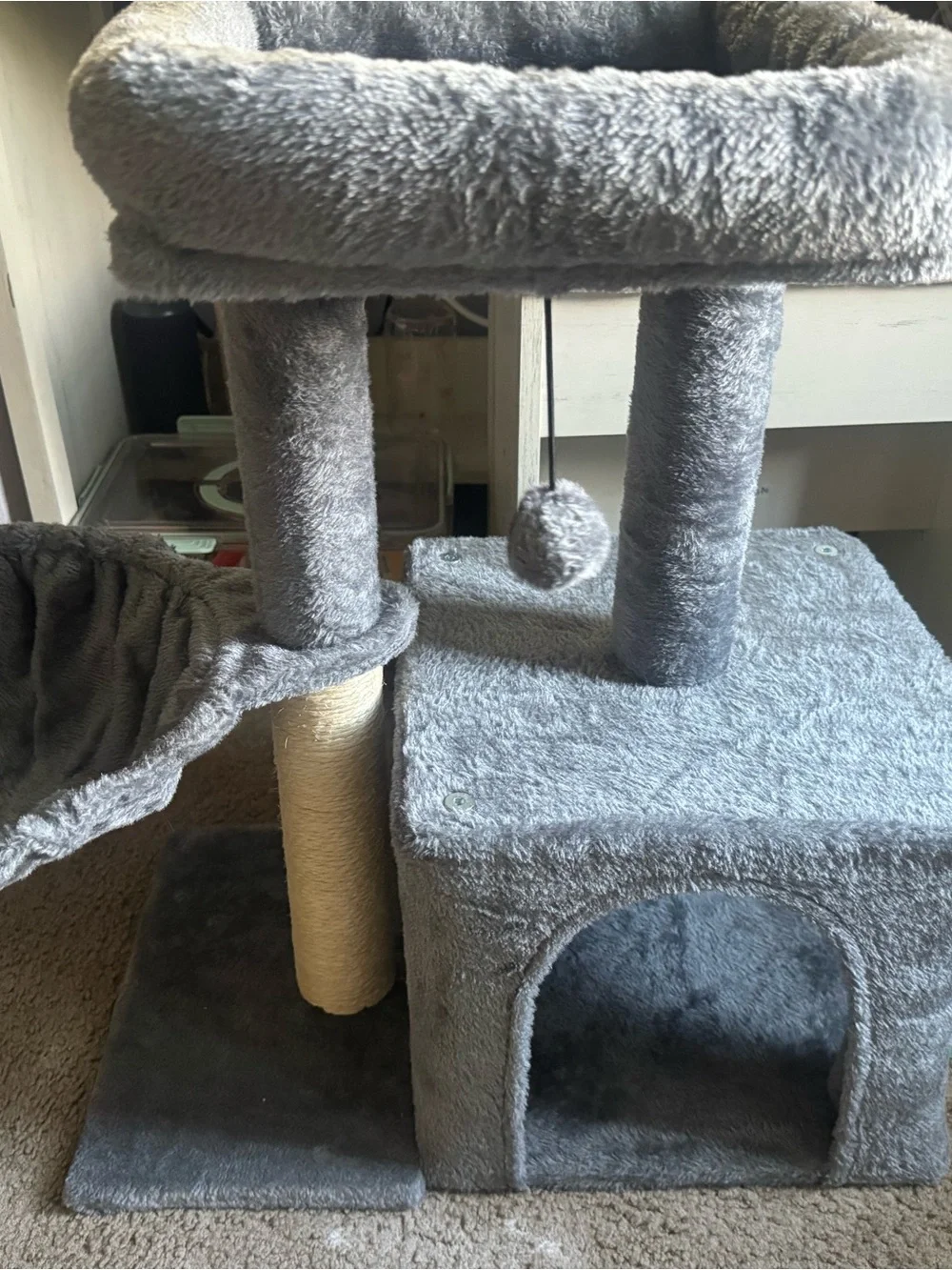 Plush Gray Cat Tree Basket Perch